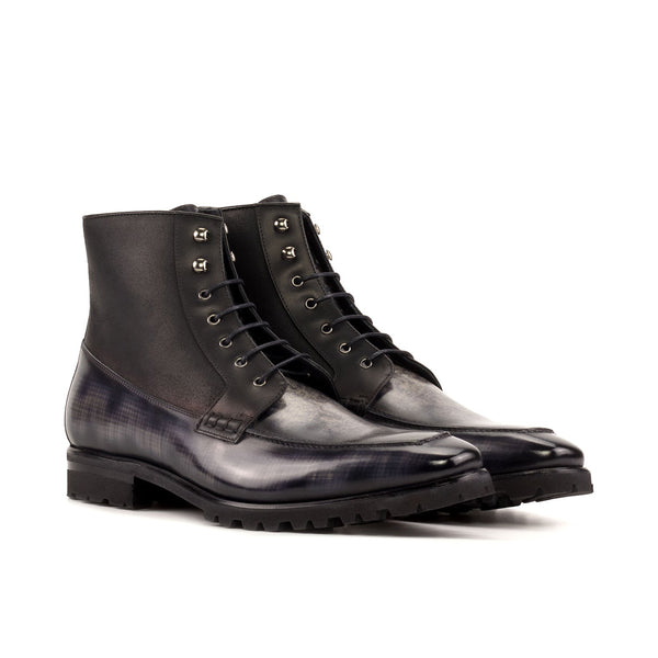 Ambrogio Bespoke Men's Shoes Black & Gray Patina / Calf-Skin Leather Moccasin Boots (AMB2445)-AmbrogioShoes