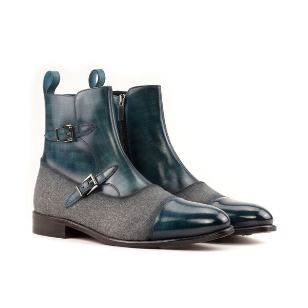 Ambrogio Bespoke Men's Shoes Gray & Turquoise Flannel Fabric / Patina Leather Octavian Boots (AMB2433)-AmbrogioShoes