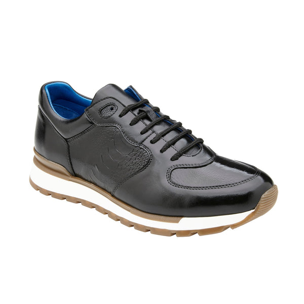 Belvedere Bobo G01 Men's Shoes Black Exotic Ostrich / Calf-Skin Leather Lace-Up Sneakers (BV3118)-AmbrogioShoes