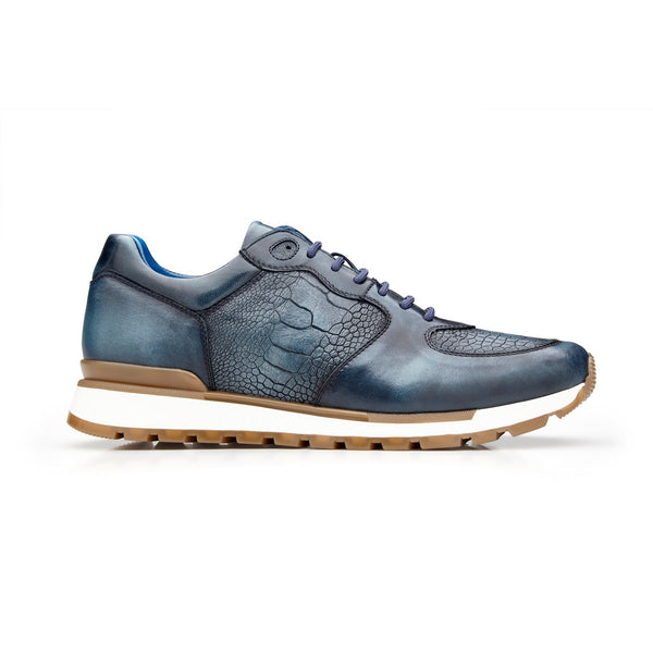 Belvedere Bobo G01 Men's Shoes Blue Safari Exotic Ostrich / Calf-Skin Leather Lace-Up Sneakers (BV3119)-AmbrogioShoes