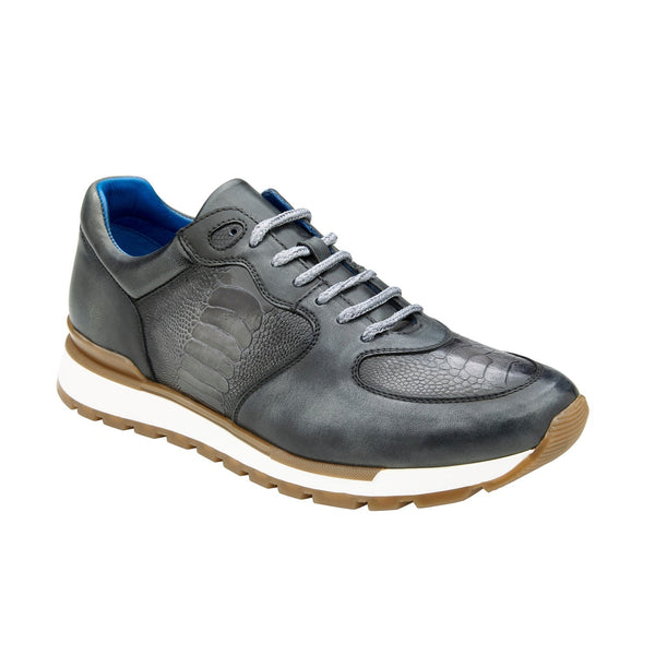 Belvedere Bobo G01 Men's Shoes Gray Exotic Ostrich / Calf-Skin Leather Lace-Up Sneakers (BV3120)-AmbrogioShoes