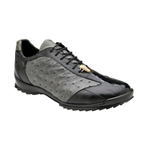 Belvedere Lando 33628 Men's Shoes Black & Gray Exotic Ostrich Leg Lace-Up Casual Sneakers (BV3127)-AmbrogioShoes