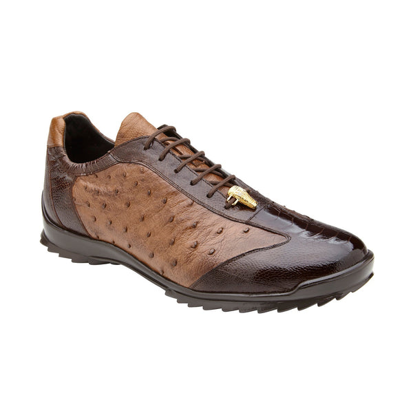 Belvedere Lando 33628 Men's Shoes Brown & Tobacco Exotic Ostrich Leg Lace-Up Casual Sneakers (BV3128)-AmbrogioShoes