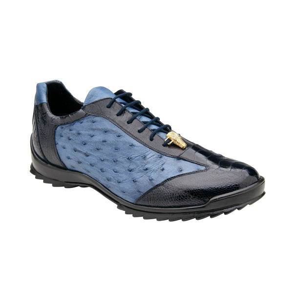 Belvedere Lando 33628 Men's Shoes Two-Tone Blue Exotic Ostrich Leg Lace-Up Casual Sneakers (BV3126)-AmbrogioShoes