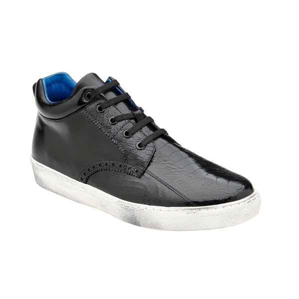 Belvedere Omar Y27 Men's Shoes Black Exotic Ostrich / Calf-Skin Leather Casual High Sneakers (BV3129)-AmbrogioShoes