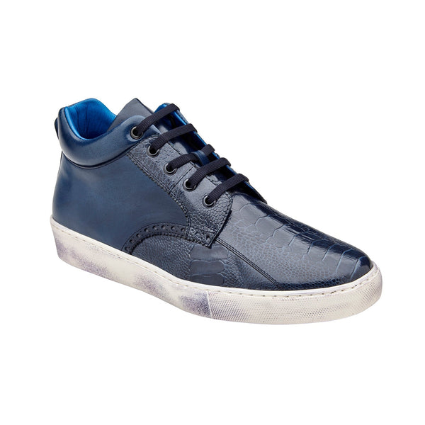 Belvedere Omar Y27 Men's Shoes Navy Exotic Ostrich / Calf-Skin Leather Casual High Sneakers (BV3130)-AmbrogioShoes