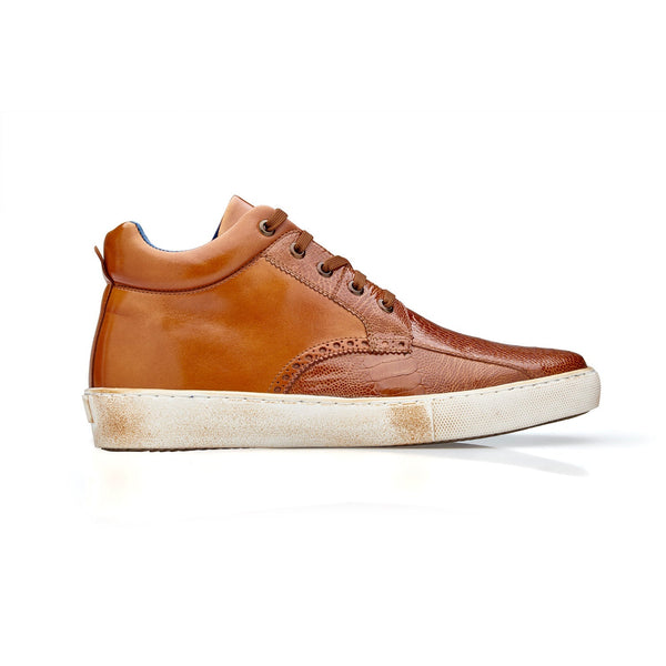 Belvedere Omar Y27 Men's Shoes Walnut Exotic Ostrich / Calf-Skin Leather Casual High Sneakers (BV3131)-AmbrogioShoes