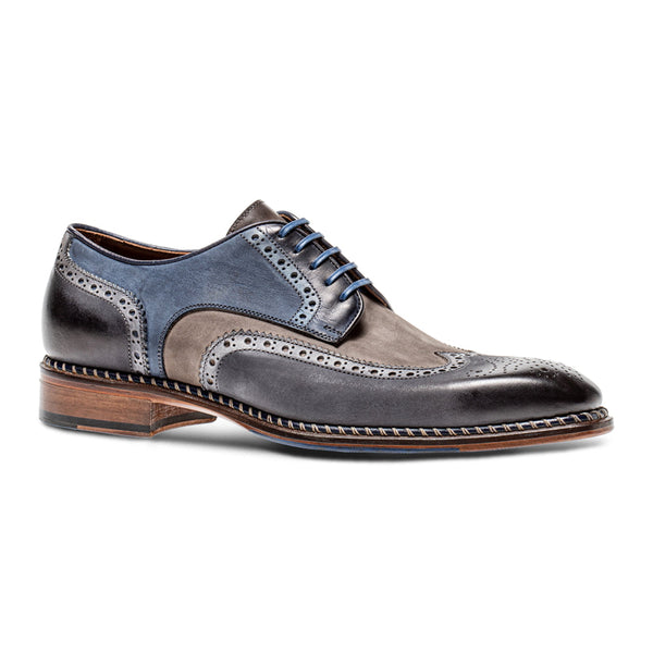 Jose Real Veloce H670 Men's Shoes Antracite Gray, Beige and Blue Calf-Skin Leather Wingtip Oxfords (RE2236)-AmbrogioShoes
