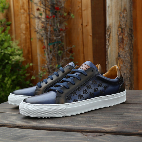 Mezlan 20730 Men's Shoes Blue & Cognac Calf-Skin Leather Casual Sneakers (MZS3613)-AmbrogioShoes