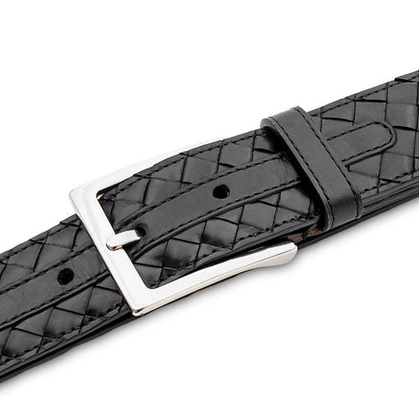Mezlan AO11528 Black Woven Calf-Skin Leather Men's Belt (MZB1233)-AmbrogioShoes