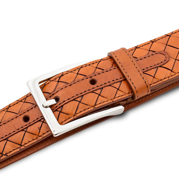 Mezlan AO11528 Cognac Woven Calf-Skin Leather Men's Belt (MZB1232)-AmbrogioShoes