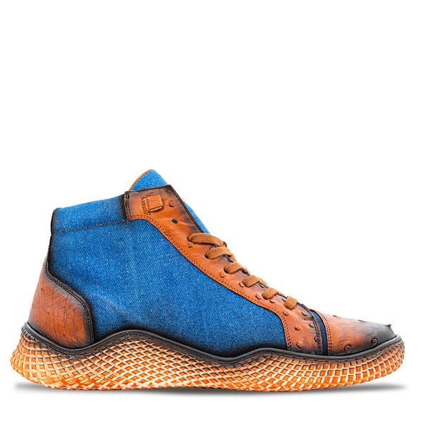 Mezlan R20741 Men's Shoes Brandy & Jeans Exotic Ostrich / Denim Fabric High-Top Sneakers (MZ3627)-AmbrogioShoes