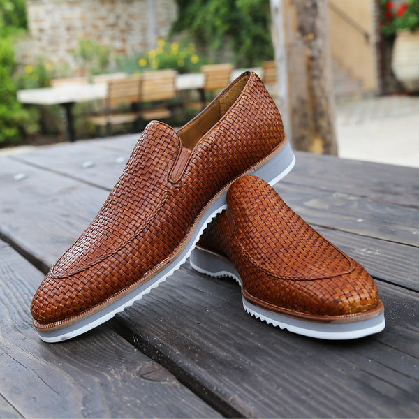 Mezlan R20658 Men's Shoes Cognac Woven Leather Hybrid Loafers (MZS3619)-AmbrogioShoes