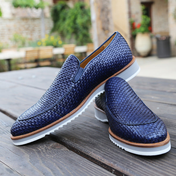 Mezlan R20658 Men's Shoes Navy Woven Leather Hybrid Loafers (MZS3620)-AmbrogioShoes