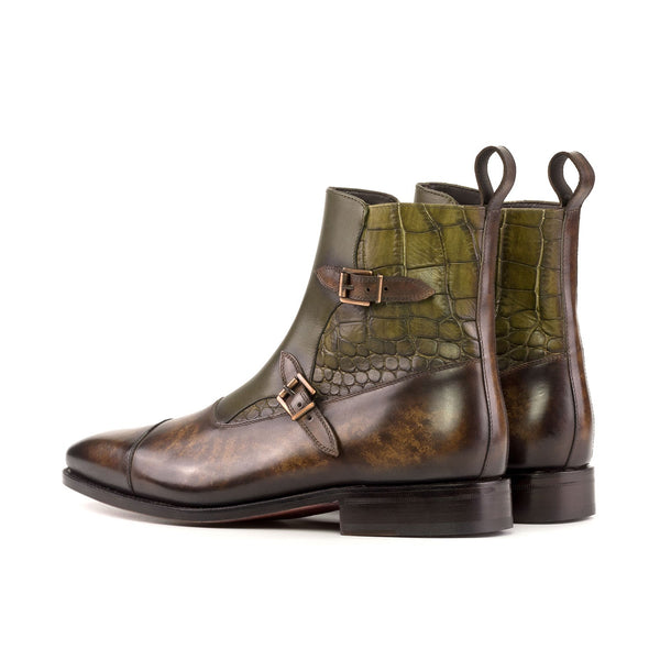 Ambrogio Bespoke Men's Shoes Olive & Brown Crocodile Print / Patina Leather Octavian Buckle Boots (AMB2417)-AmbrogioShoes