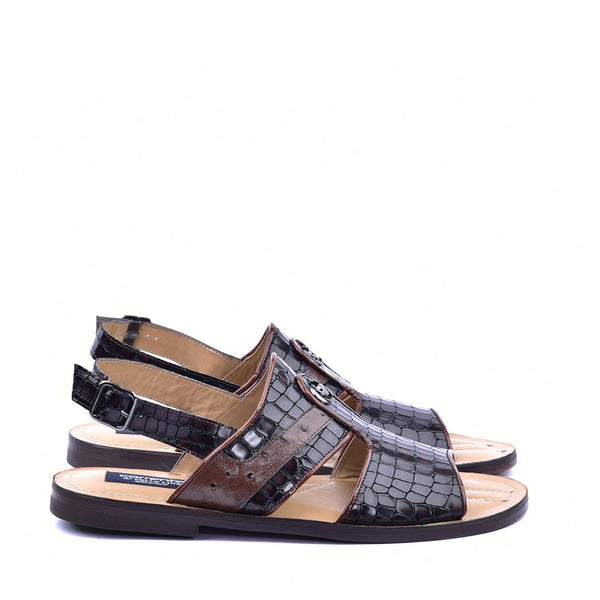 Corrente C0075 5829S Men's Shoes Brown Embossed Leather and Ostrich Sandals (CRT1362)-AmbrogioShoes