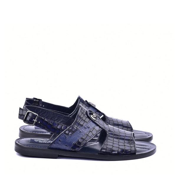 Corrente C0076 5829S Men's Shoes Navy Embossed Leather and Ostrich Sandals (CRT1361)-AmbrogioShoes