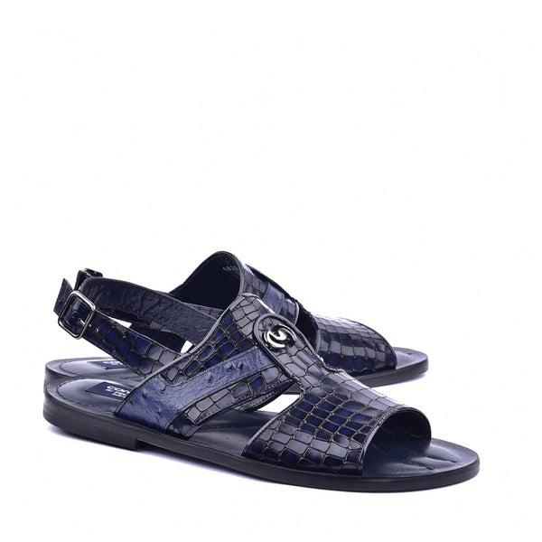 Corrente C0076 5829S Men's Shoes Navy Embossed Leather and Ostrich Sandals (CRT1361)-AmbrogioShoes