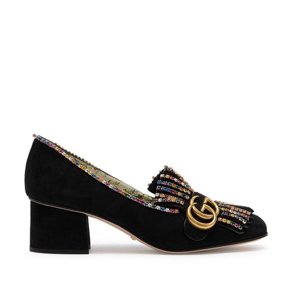 Gucci Embellished 501444 Womens Black Suede Leather Block Heel Pumps (GGW2900)-AmbrogioShoes