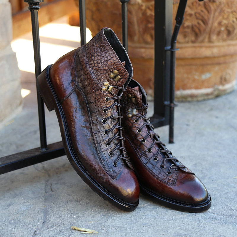 Jo Ghost 2833 Men's Shoes Brown Crust Crocodile Print / Buffalo Leather Boots (JG5304)-AmbrogioShoes