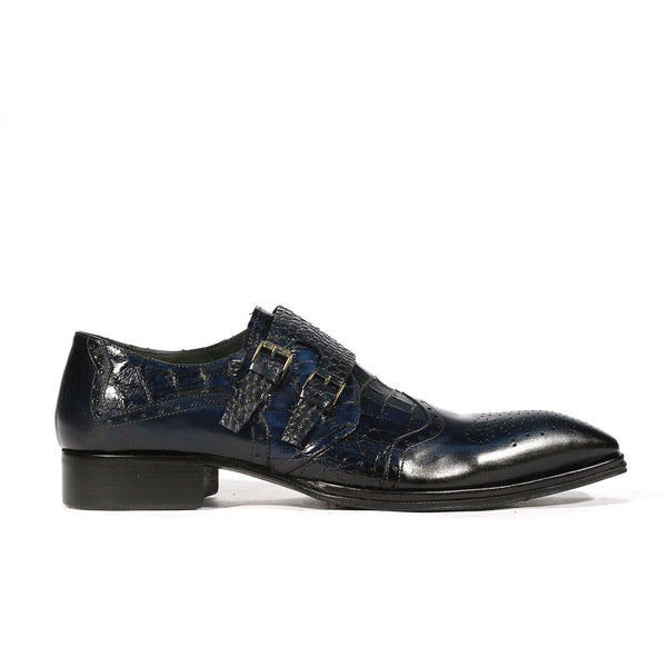 Jo Ghost 984 Men's Shoes Navy Crocodile Print /Calf-Skin Leather Monk-Straps Loafers (JG5261)-AmbrogioShoes