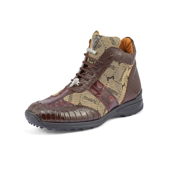 Mauri 8430 Signature Men's Shoes Sport Rust & Taupe Exotic Ostrich Leg / Crocodile / Mauri Fabric Casual Sneakers (MA5394)-AmbrogioShoes