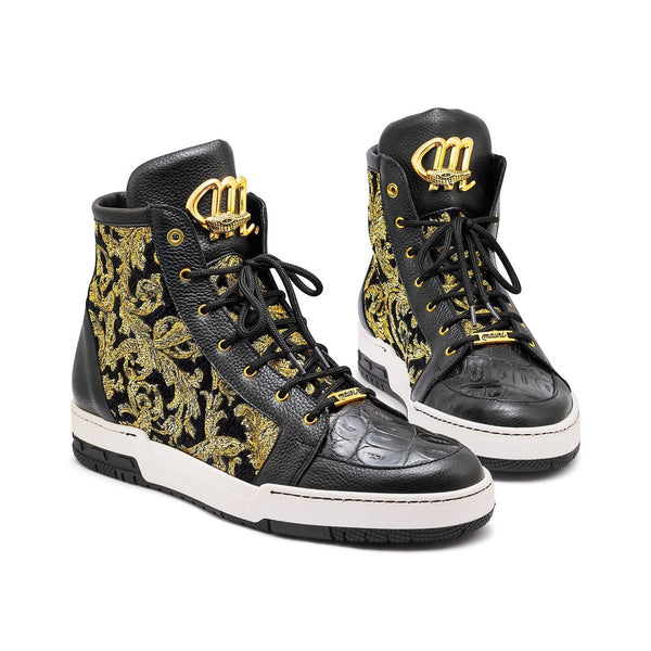 Mauri 8437 Kingpin Men's Shoes Black & Gold Exotic Caiman Crocodile / Didier Fabric High-Top Sneakers (MA5330)-AmbrogioShoes