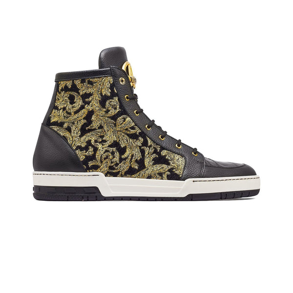 Mauri 8437 Kingpin Men's Shoes Black & Gold Exotic Caiman Crocodile / Didier Fabric High-Top Sneakers (MA5330)-AmbrogioShoes