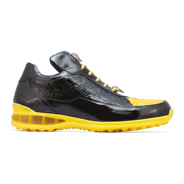Mauri Bubble 8900/2 Men's Shoes Black & Yellow Exotic Caiman Crocodile / Patent Leather Sneakers (MA5280)-AmbrogioShoes