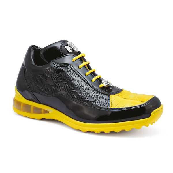 Mauri Bubble 8900/2 Men's Shoes Black & Yellow Exotic Caiman Crocodile / Patent Leather Sneakers (MA5280)-AmbrogioShoes