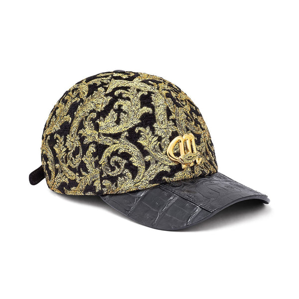 Mauri H65 Men's Black & Gold Exotic Caiman Crocodile / Didier Fabric Hat (MAH1006)-AmbrogioShoes