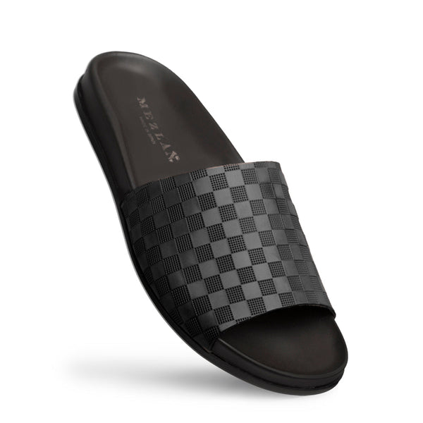 Mezlan R20263 Men's Shoes Black Embossed Italian Calfskin Leather Slide-Sandals (MZ3492)-AmbrogioShoes
