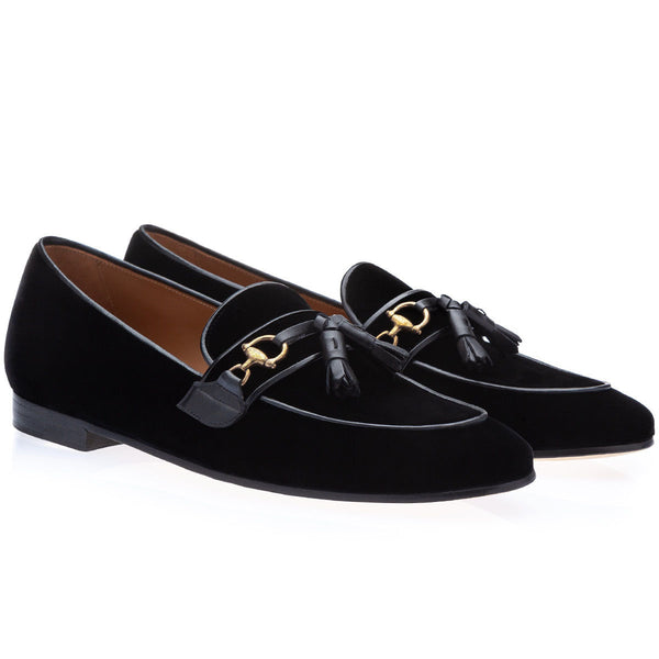 SUPERGLAMOUROUS Bruno Velour Men's Shoes Black Suede Leather Tassel Loafers (SPGM1260)-AmbrogioShoes