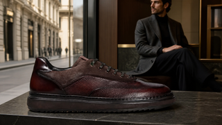 Franceschetti Monza FCCT1092 dark burgundy-brown suede and leather casual sneaker on a Milan boutique stone bench