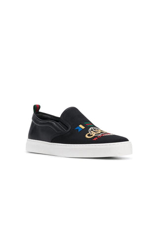 Gucci Dublin Black Worldwide Sewed Cotton / Leather Slip-On Sneakers (GGM1712)