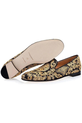 SUPERGLAMOUROUS Harley Yamka Black & Gold Embroidered Canvas Loafers (SPGM1028)