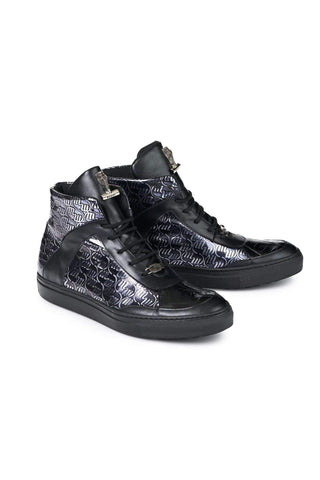 Mauri 8583 Heart Nappa Black Calf-Skin Embossed and Baby Crocodile Sneakers (MA5016)-AmbrogioShoes