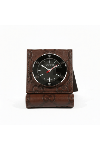 Gucci Limited Edition Brown Stainless Steel / Leather Travel Desk Alarm Clock/Watch (GGC1)-AmbrogioShoes