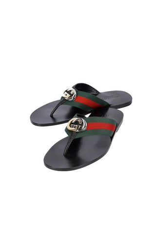 Gucci 630307 H9020 8476 Black, Red & Green Calf-Skin leather / Fabric Sandals (GGM1722)