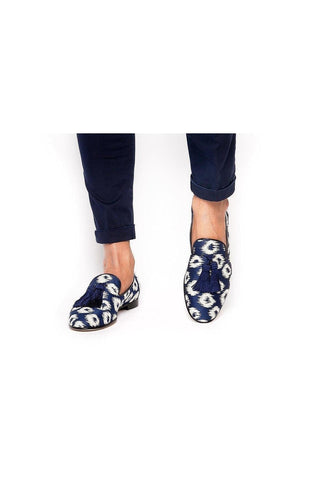 SUPERGLAMOUROUS Louis Rivareno Navy & Cream Jacquard Canvas Tassels Loafers (SPGM1003)