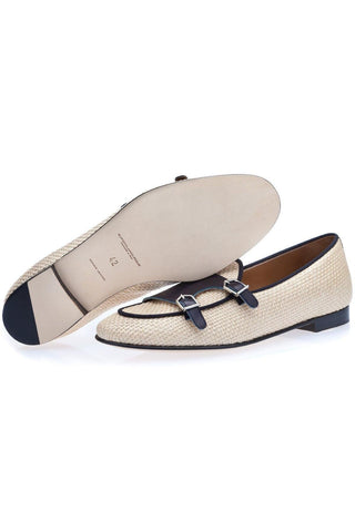SUPERGLAMOUROUS Tangerine 7 White & Navy Woven Rafia / Leather Monk-Straps Loafers (SPGM1130)