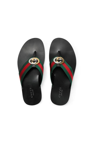 Gucci 630307 H9020 8476 Black, Red & Green Calf-Skin leather / Fabric Sandals (GGM1722)