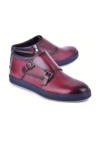 Corrente 4302 Leather Double Monk-Strap Sneaker - Burgundy