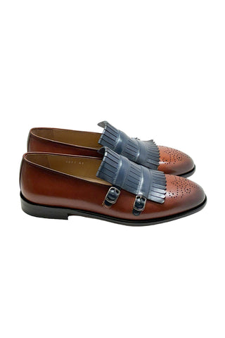 Corrente 5211 Leather Kiltie Double Monk Strap - Navy & Brown