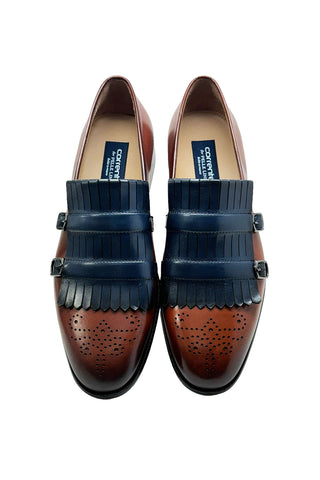Corrente 5211 Leather Kiltie Double Monk Strap - Navy & Brown
