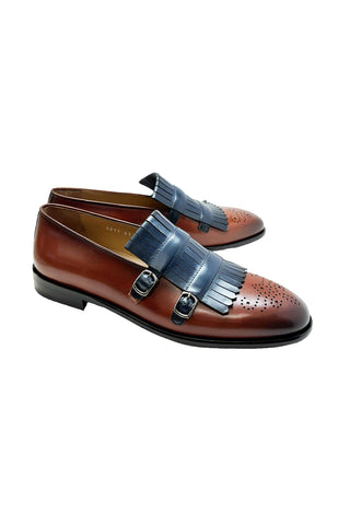 Corrente 5211 Leather Kiltie Double Monk Strap - Navy & Brown