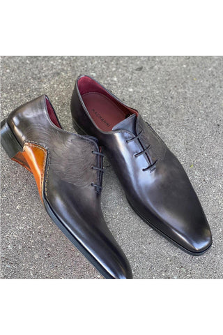 Magnanni 24133 Black & Gray Patina Leather Whole-cut Oxfords (MAGS1089)