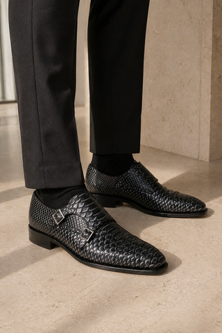 Ambrogio 40418-A147 Black Lorando Snake Embossed / Calf-Skin Leather Monk-Straps Loafers (AMBXS1010)-AmbrogioShoes
