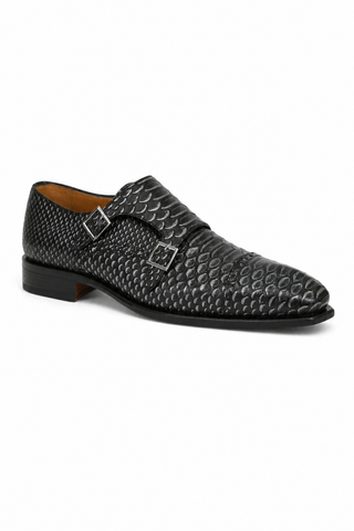Ambrogio 40418-A147 Black Lorando Snake Print / Calf-Skin Leather Monk-Straps Loafers (AMBXS1010)-AmbrogioShoes