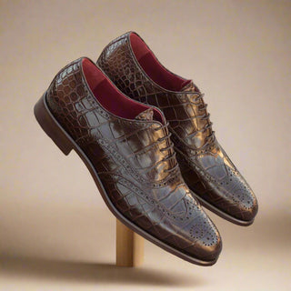 Ambrogio Anthony Handmade Men's Handmade Custom Shoes Brown Crocodile Print / Calf-Skin Leather Brogue Oxfords (AMB1474)-AmbrogioShoes